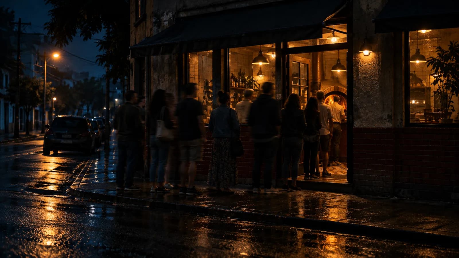Fila de pessoas na calçada esperando para entrar em uma pizzaria de bairro