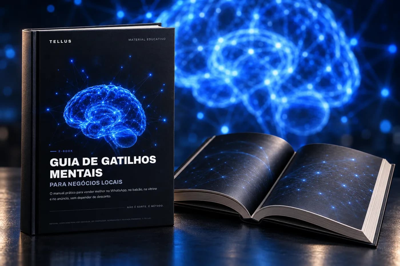 Livro Guia de Gatilhos Mentais para Negócios Locais em capa dura, ao lado de um exemplar aberto, com uma rede neural azul ao fundo