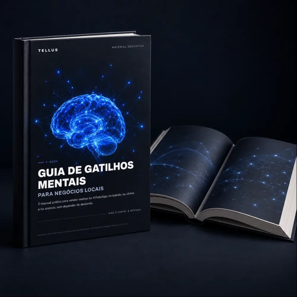 Livro Guia de Gatilhos Mentais para Negócios Locais em capa dura, ao lado de um exemplar aberto
