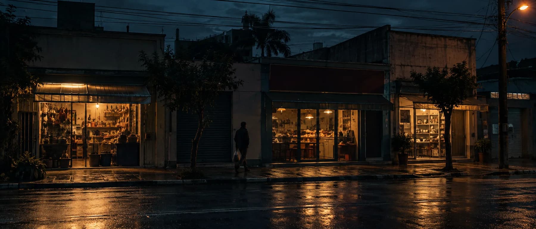 Vitrines iluminadas de lojas de rua em uma cidade do interior à noite