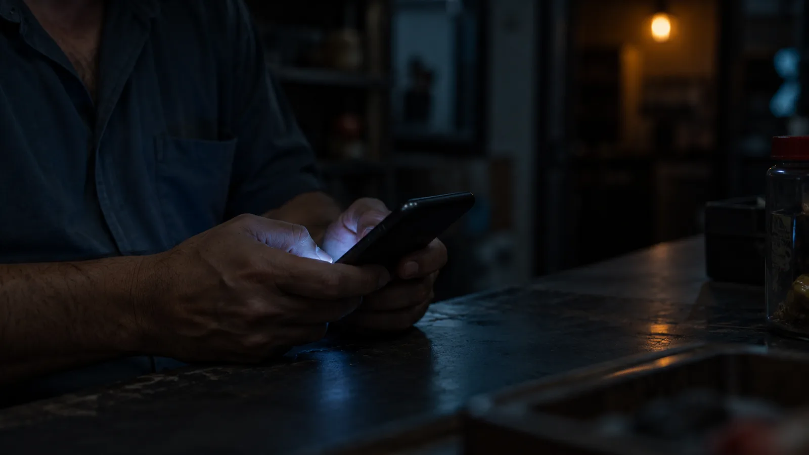 Comerciante respondendo mensagem no celular à noite, na loja vazia